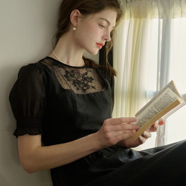 Ariella Round Neck Mesh Embroidered Puff Sleeve Dress