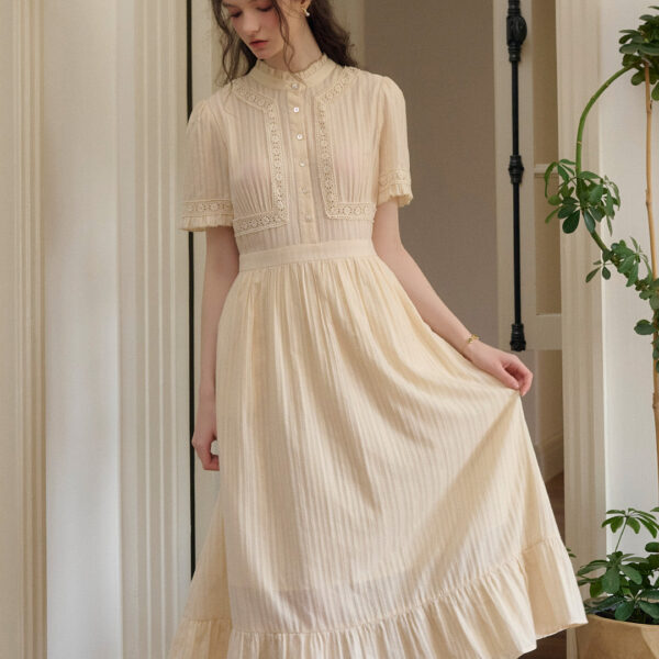 Judy Stand Collar Embroidery Cotton Dress