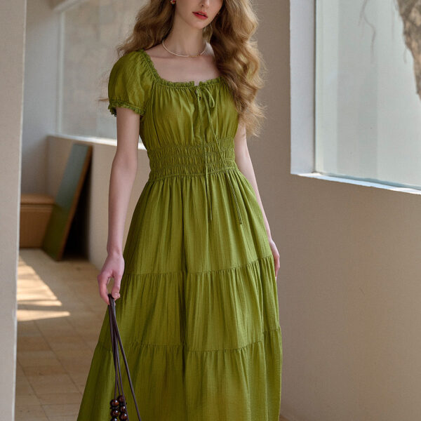 Dakota Round Neck Pleated Puff Sleeves Lyocell Dress