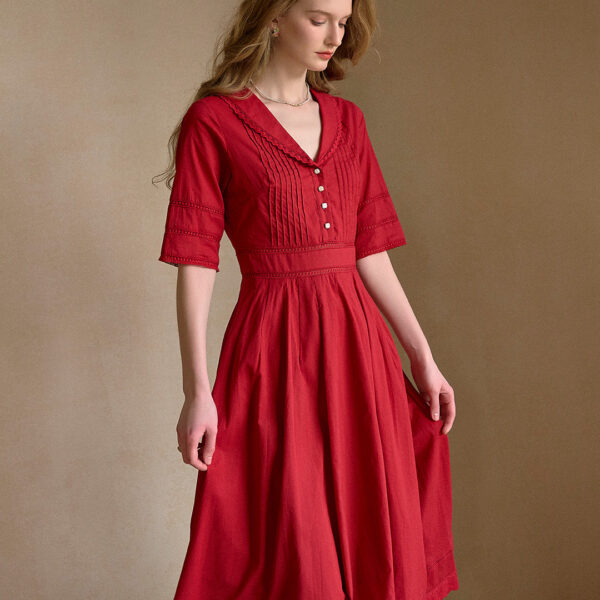 Fiona 100% Cotton Red Midi Dress